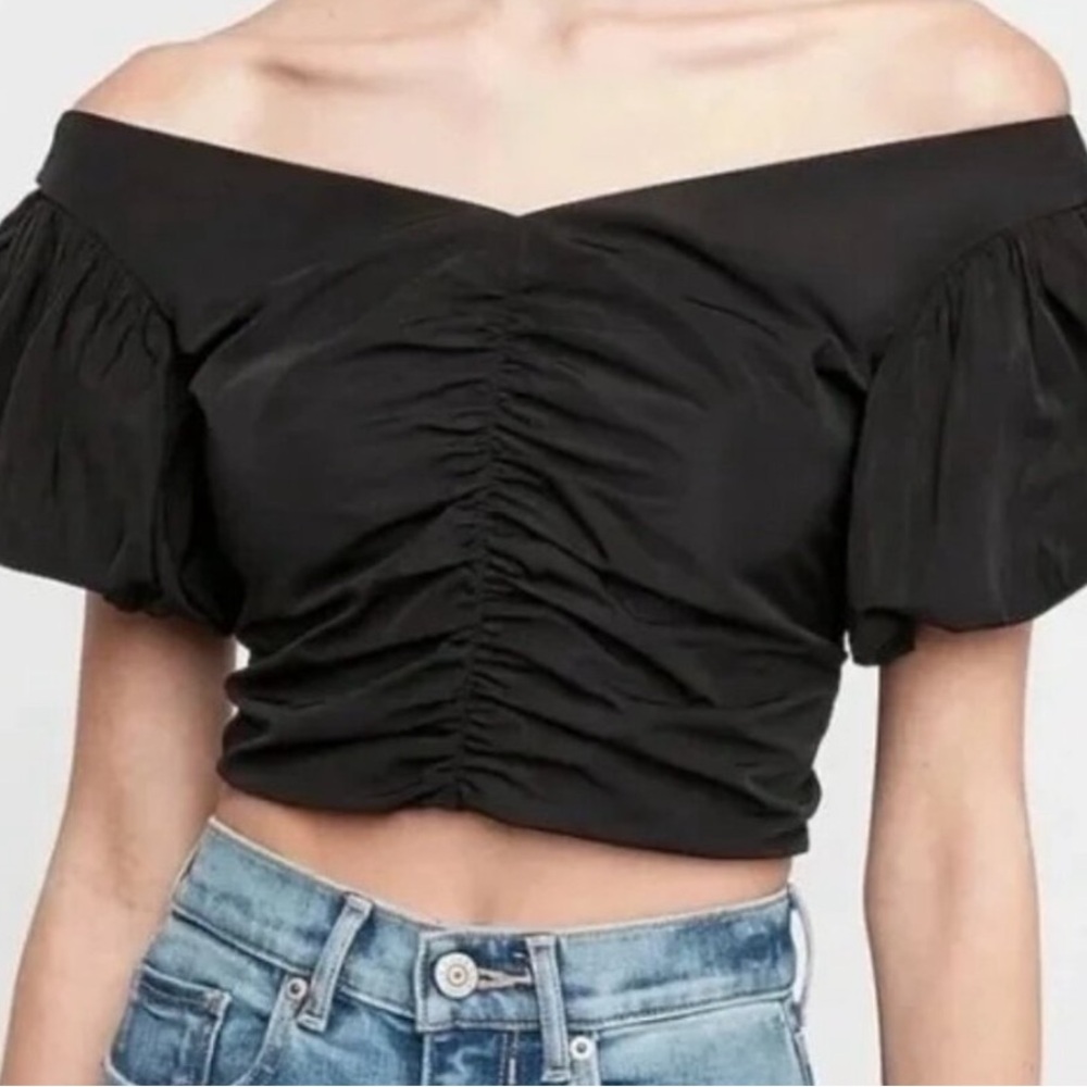 EXPRESS Black Taffeta Ruched Crop Off The Shoulders Top Size 4